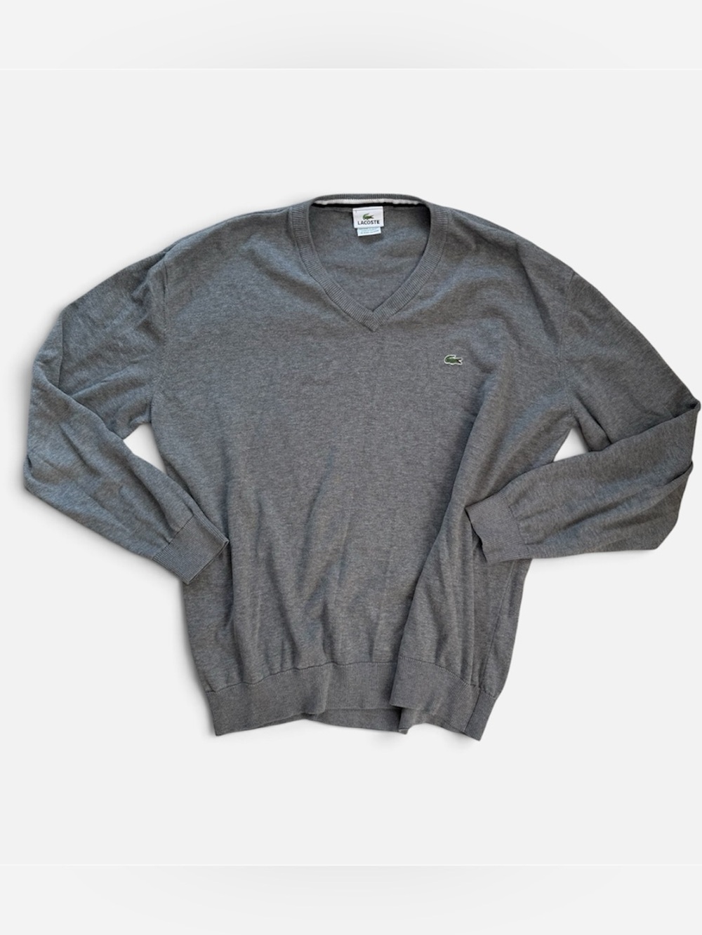 Lacoste Mens Gray Cotton V Neck Sweater Size 7 XXL Classic Knit Crocodile Logo